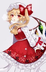 Rule 34 | 1girl, blonde hair, flandre scarlet, hat, long sleeves, looking at viewer, open mouth, red eyes, red vest, sakippo (sakippo0), simple background, solo, touhou, vest, white hat, wings