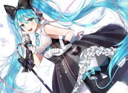 Rule 34 | 1girl, :d, black bow, blue bow, blue eyes, blue hair, boots, bow, dress, frilled dress, frills, gijang, gloves, hair bow, hatsune miku, headphones, long hair, looking at viewer, magical mirai (vocaloid), magical mirai miku, magical mirai miku (2016), microphone, microphone stand, necktie, open mouth, skirt, sleeveless, sleeveless dress, smile, solo, twintails, very long hair, vocaloid, white gloves