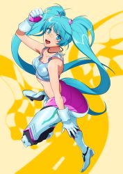 Rule 34 | 1girl, ahoge, aqua eyes, aqua hair, bandaid, bandaid on face, bandaid on nose, full body, gloves, goodsmile racing, hatsune miku, highres, jewelry, keruberosu-a, long hair, looking at viewer, necklace, open mouth, solo, twintails, very long hair, vocaloid