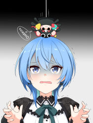 Rule 34 | 1girl, @ @, black choker, black dress, blue eyes, boots, bow, bow earrings, chibi, chibi inset, choker, collared dress, commentary request, cross-laced footwear, double-parted bangs, dress, earrings, felutiahime, gloom (expression), gradient background, hair between eyes, hakos baelz, highres, hololive, hololive english, hoshimachi suisei, hoshimachi suisei (streetwear), jewelry, lace, lace-up boots, lace choker, lace sleeves, looking at another, neck ribbon, official alternate costume, official alternate hair length, official alternate hairstyle, open mouth, ribbon, scared, short hair, short sleeves, solo, spider baelz, star (symbol), star in eye, symbol in eye, trembling, upper body, virtual youtuber, wavy mouth