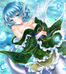 Rule 34 | 1girl, at classics, bare shoulders, blue eyes, blue hair, breasts, cleavage, fins, head fins, japanese clothes, kimono, kimono pull, long sleeves, marker (medium), matching hair/eyes, mermaid, monster girl, obi, off shoulder, sample watermark, sash, short hair, smile, solo, touhou, traditional media, underwater, undressing, wakasagihime, watermark, wide sleeves