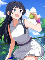 Rule 34 | 1girl, ball, bare shoulders, black hair, blue eyes, blue ribbon, blue sky, blush, breasts, chain-link fence, cloud, collarbone, cowboy shot, day, fence, hair ribbon, hand up, highres, holding, holding ball, holding racket, idolmaster, idolmaster million live!, idolmaster million live! theater days, long hair, looking at another, medium breasts, mogami shizuka, open mouth, outdoors, pleated skirt, racket, ribbon, shirt, skirt, sky, sleeveless, sleeveless shirt, smile, solo, sportswear, sweat, tennis ball, tennis racket, tennis uniform, tree, trinitro t, white shirt, white skirt, wristband