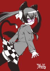 Rule 34 | 1girl, absurdres, animal ears, cat ears, cat girl, cat tail, checkered clothes, checkered skirt, closed mouth, glasses, hair between eyes, hair ribbon, heart, heart tail, highres, jacket, long hair, original, pink-framed eyewear, pink eyes, red background, ribbon, rx hts, simple background, skirt, solo, spot color, tail, thighhighs, twintails, twitter username