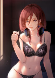 Rule 34 | 1girl, absurdres, aduo, black bra, blue eyes, bra, breasts, cleavage, closed mouth, cowboy shot, go-toubun no hanayome, hair between eyes, headphones, headphones around neck, highres, lace, lace-trimmed bra, lace trim, lingerie, lips, long hair, looking at viewer, medium breasts, nakano miku, nose, panties, red hair, sidelighting, solo, strap pull, underwear, underwear only