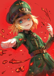 Rule 34 | 10s, 1girl, belt, belt buckle, blonde hair, blood, blue eyes, buckle, buttons, cowboy shot, cross, dutch angle, evil smile, gloves, green jacket, hat, himonoata, iron cross, jacket, long sleeves, looking at viewer, military, military jacket, military uniform, open mouth, outstretched arm, peaked cap, pocket, red background, shaded face, short hair, smile, solo, tanya degurechaff, uniform, white gloves, wing collar, youjo senki