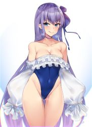 Rule 34 | 1girl, :q, alternate breast size, bare shoulders, blue bow, blue eyes, bow, breasts, choker, cleavage, collarbone, covered navel, fate/grand order, fate (series), frills, hair bow, kuavera, long hair, medium breasts, meltryllis, meltryllis (fate), meltryllis (swimsuit lancer) (fate), meltryllis (swimsuit lancer) (second ascension) (fate), one-piece swimsuit, purple hair, sleeves past wrists, smile, solo, steam, steaming body, swimsuit, tongue, tongue out, very long hair