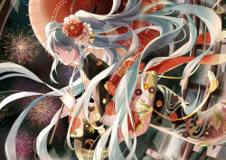 Rule 34 | 1girl, aerial fireworks, aqua eyes, aqua hair, braid, fireworks, floral print, flower, hair flower, hair ornament, hatsune miku, japanese clothes, kimono, long hair, long sleeves, looking at viewer, looking to the side, michi (iawei), night, obi, open mouth, outdoors, parasol, sash, sideways, solo, twintails, umbrella, very long hair, vocaloid, wide sleeves