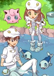 Rule 34 | 1boy, 1girl, aether foundation employee, bent over, boots, brown hair, bucket, creatures (company), dark-skinned female, dark skin, elbow gloves, game freak, gen 1 pokemon, gen 6 pokemon, gen 7 pokemon, gloves, grass, green eyes, jigglypuff, jumpsuit, long hair, looking at another, nintendo, pokemon, pokemon (anime), pokemon (creature), pokemon sm (anime), rikovui, river, sitting, uniform, white footwear, white gloves, white jumpsuit, wishiwashi, wishiwashi (solo)