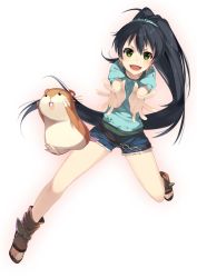 Rule 34 | 1girl, 7zu7, blush, full body, ganaha hibiki, green eyes, hamster, hamuzou, idolmaster, idolmaster (classic), long hair, looking at viewer, open mouth, ponytail, sandals, shoes, simple background, smile, solo, toeless footwear, very long hair, white background