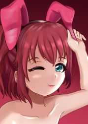 Rule 34 | 1girl, ;), animal ears, aqua eyes, artist name, artist request, azure monarch, bare shoulders, blush, breasts, collarbone, fake animal ears, female focus, green eyes, hair between eyes, indoors, kurosawa ruby, leotard, looking at viewer, love live!, love live! sunshine!!, one eye closed, parted lips, playboy bunny, rabbit ears, red hair, short hair, smile, solo, twintails, two side up, upper body, wink