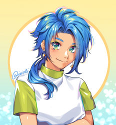 Rule 34 | 1boy, androgynous, artist name, blouse, blue-haired boy (how to draw manga), blue hair, blush, closed mouth, crossed arms, earrings, forehead, glint, gradient background, green eyes, green sleeves, hair intakes, happy, highres, how to draw manga, how to draw manga redraw challenge (meme), inioli, jewelry, light blush, long hair, looking at viewer, male focus, meme, ponytail, raglan sleeves, shiny skin, shirt, sidelocks, signature, smile, solo, twitter username, upper body, white shirt