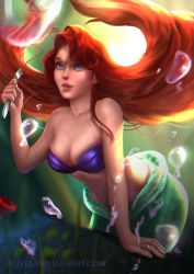 Rule 34 | 1girl, absurdres, ariel (disney), bikini, blue eyes, breasts, bubble, cleavage, collarbone, commentary, disney, english commentary, fingernails, fork, highres, holding, holding fork, islifer, large breasts, lips, long hair, mermaid, monster girl, ocean, parted lips, purple bikini, red hair, solo, swimsuit, the little mermaid, underwater, upper body, watermark, web address