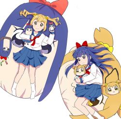 Rule 34 | 2girls, :3, azinori555, blue eyes, blue hair, blue sailor collar, blue skirt, blunt bangs, bow, closed mouth, commentary request, couple, hair bow, hair ornament, hair scrunchie, hair spread out, holding, kneehighs, long hair, long sleeves, looking at viewer, lying, medium skirt, merchandise, multiple girls, neckerchief, no shoes, on back, orange hair, pipimi, pleated skirt, poptepipic, popuko, red bow, red neckerchief, sailor collar, school uniform, scrunchie, serafuku, shirt, short hair, sidelocks, simple background, skirt, smile, socks, straight hair, two side up, white background, white legwear, white shirt, yellow eyes, yellow scrunchie, yuri