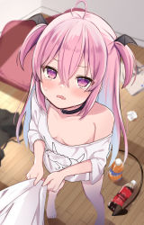 Rule 34 | 1girl, absurdres, bare legs, barefoot, breasts, choker, clothes grab, commentary request, crying, demon girl, demon tail, downblouse, fang, from above, full body, highres, long hair, naked shirt, no bra, off shoulder, okiq, original, oversized clothes, oversized shirt, pink eyes, pink hair, pov, shirt, small breasts, soda bottle, tail, tears, two side up, white shirt, wooden floor