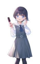 Rule 34 | 1girl, adjusting hair, belt, black hair, black pantyhose, blouse, blue eyes, blue necktie, blush, brushing hair, comb, commentary, dress, feet out of frame, grey background, grey belt, grey dress, hands up, highres, holding, holding comb, light blush, long sleeves, looking to the side, messy hair, na-ga, necktie, open mouth, original, pantyhose, pinafore dress, school uniform, shirt, short hair, short necktie, simple background, sleeveless, sleeveless dress, solo, tearing up, tears, white background, white shirt