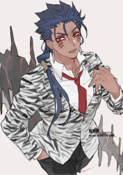Rule 34 | 1boy, angry, animal print, blue hair, collared shirt, cu chulainn (fate), cu chulainn (fate) (all), cu chulainn (fate/stay night), cu chulainn alter (fate), cu chulainn alter (fate/grand order), dark blue hair, dark persona, facepaint, fate/grand order, fate (series), formal, hand in pocket, jacket, lancer, long hair, male focus, monster boy, necktie, official alternate costume, open mouth, ponytail, red eyes, sharp teeth, shirasuboshiboshi, shirt, simple background, slit pupils, solo, spiked hair, spikes, tail, tan, teeth