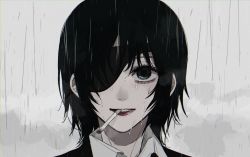 Rule 34 | 1girl, black hair, black necktie, chainsaw man, cigarette, collared shirt, ebanoniwa, eyepatch, formal, grey background, highres, himeno (chainsaw man), lips, looking at viewer, medium hair, necktie, office lady, open mouth, rain, shirt, sidelocks, simple background, smoking, solo, standing, suit, upper body, white shirt