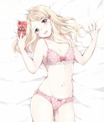 Rule 34 | 1girl, asymmetrical hair, ayakashi triangle, blonde hair, blush, bow, bow bra, bow panties, bra, braid, breasts, cellphone, commentary request, eyelashes, frilled bra, frilled panties, frilled underwear, frills, grey eyes, hair ornament, hair ribbon, highres, lingerie, long hair, looking at viewer, manatsuki manata, navel, open mouth, panties, phone, pink bra, pink panties, ribbon, single braid, small breasts, smartphone, solo, tsukioka lucy, underwear, underwear only