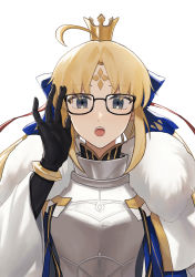 Rule 34 | 1girl, :o, absurdres, adjusting eyewear, ahoge, armor, armored dress, artoria caster (fate), artoria caster (third ascension) (fate), artoria pendragon (fate), black-framed eyewear, black eyes, black gloves, blonde hair, blue bow, bow, breastplate, crown, ddukbaegihunt, dress, elbow gloves, facial mark, fate/grand order, fate (series), forehead mark, glasses, gloves, hair bow, hair ribbon, highres, long hair, looking at viewer, mini crown, open mouth, parted bangs, red ribbon, ribbon, sidelocks, simple background, solo, teeth, tongue, twintails, upper body, upper teeth only, white armor, white background, white dress, wide sleeves