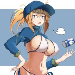 Rule 34 | 1girl, artoria pendragon (fate), baseball cap, bikini, blonde hair, blue eyes, blue hat, blush, breasts, can, commentary request, fate/grand order, fate (series), hair between eyes, hand on own hip, hat, j yak47, large breasts, looking at viewer, mysterious heroine xx (fate), navel, open mouth, outside border, shrug (clothing), side-tie bikini bottom, side-tie bottom, sidelocks, simple background, solo, stomach, swimsuit, white bikini