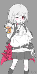 Rule 34 | 1girl, artist name, backpack, bag, belt, belt pouch, blush, chinese commentary, closed mouth, collar, commentary request, cross hair ornament, cup, dog tags, drinking glass, eyeball, feet out of frame, grey skirt, hair ornament, hip gear, holding, holding cup, incoming drink, kneehighs, limited palette, looking at viewer, lurenjia, one eye closed, original, outstretched arm, pink eyes, pleated skirt, pouch, print shirt, shirt, short hair, simple background, skirt, socks, solo, standing, two-tone gloves