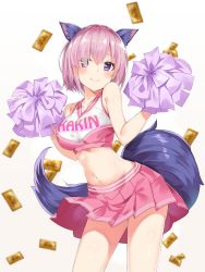 Rule 34 | 1girl, animal ear fluff, animal ears, bare shoulders, blush, breasts, cheerleader, fate/grand order, fate (series), highres, large breasts, light purple hair, looking at viewer, mash kyrielight, mash kyrielight (dangerous beast), midriff, navel, official alternate costume, pink skirt, pom pom (cheerleading), purple eyes, short hair, skirt, smile, solo, standing, sweat, tail, takehana note, white background, wolf ears, wolf tail