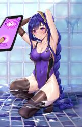 Rule 34 | 1girl, 1other, armpits, arms behind head, arms up, black thighhighs, braid, breasts, cameltoe, cellphone, competition swimsuit, covered navel, elbow gloves, genshin impact, gloves, hair ornament, highleg, highres, hypnosis, large breasts, long hair, looking at viewer, low-braided long hair, low-tied long hair, matrix16, mind control, mole, mole under eye, one-piece swimsuit, partially submerged, phone, pool, purple eyes, purple hair, raiden shogun, single elbow glove, smartphone, swimsuit, tassel, thighhighs, thighs, very long hair, water