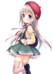 Rule 34 | 1girl, backpack, bag, beret, black footwear, bow, bowtie, commentary request, frilled skirt, frills, green skirt, hair between eyes, hat, holding, juliet sleeves, light brown hair, long hair, long sleeves, looking at viewer, looking to the side, mary janes, original, parted lips, pink thighhighs, puffy sleeves, red bow, red bowtie, red eyes, red hat, school bag, school uniform, shirt, shoes, simple background, skirt, smile, solo, standing, standing on one leg, suspender skirt, suspenders, thighhighs, usashiro mani, very long hair, white background, white shirt