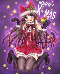 Rule 34 | 1girl, :3, animal ears, animal hands, bad id, bad pixiv id, bare shoulders, bell, black thighhighs, blue eyes, blush, boots, bow, braid, breasts, brown hair, cat ears, cat paws, cat tail, christmas, cleavage, cross-laced footwear, dress, hair bow, hat, head tilt, highres, knee boots, kneeling, lace, lace-trimmed legwear, lace trim, long hair, looking at viewer, medium breasts, natsu natsuna, original, santa costume, short dress, smile, star (symbol), tail, thighhighs