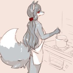 Rule 34 | 1girl, apron, female focus, fox, furry, furry female, grey hair, indoors, long hair, naked apron, ohakotome, open mouth, partially colored, red eyes, solo