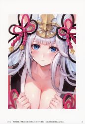 Rule 34 | 1girl, absurdres, blue eyes, blush, breasts, cleavage, closed mouth, granblue fantasy, hair ornament, highres, long hair, looking at viewer, medium breasts, page number, scan, silver hair, simple background, societte (granblue fantasy), solo, watao, white background
