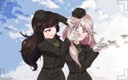 Rule 34 | 10s, 2girls, aged down, angry, belt, blunt bangs, brown dress, brown eyes, brown hair, brown shirt, cloud, cloudy sky, commentary, cowboy shot, day, dress, dress shirt, garrison cap, girls und panzer, gloves, hands on another&#039;s face, hat, long hair, long sleeves, looking at another, looking at viewer, military, military uniform, mityubi, multiple girls, nishizumi shiho, shimada chiyo, shirt, side-by-side, sky, uniform, v, viewfinder, wavy mouth, white gloves