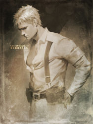 Rule 34 | 1boy, adjusting clothes, armband, art of neight, artist name, belt, brown theme, closed eyes, collared shirt, colt grice, commentary, cowboy shot, dress shirt, english commentary, highres, lips, logo, long sleeves, male focus, monochrome, pants, partially unbuttoned, profile, shingeki no kyojin, shirt, short hair, sideburns, smile, solo, suspenders, twitter logo