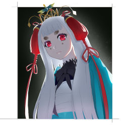 Rule 34 | 1girl, black background, blunt bangs, chin (onmyoji), closed mouth, commentary request, crown, facial mark, gaoyang ou nisang, hair ornament, highres, japanese clothes, light smile, long hair, looking at viewer, onmyoji, red eyes, short eyebrows, solo, thick eyebrows, upper body, white hair