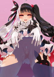Rule 34 | 1girl, ahoge, animal print, asymmetrical hair, bar censor, black hair, blush, breasts, censored, clothes lift, cunnilingus, dress, dress lift, elbow gloves, foreshortening, frills, from below, gloves, hair bobbles, hair ornament, half-closed eyes, hands on another&#039;s head, highres, inukai mofu, long hair, looking at another, medium breasts, multicolored hair, nijisanji, no panties, open mouth, oral, petticoat, pink background, pussy, pussy juice, rabbit print, red eyes, red hair, ribbon, single thighhigh, smile, solo focus, split-color hair, streaked hair, thighhighs, transparent, twintails, two-tone hair, very long hair, virtual youtuber, white dress, white gloves, white hair, yorumi rena, yorumi rena (1st costume)