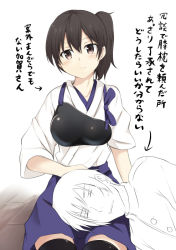 Rule 34 | 10s, 1girl, admiral (kancolle), brown eyes, brown hair, japanese clothes, kaga (kancolle), kantai collection, long hair, looking at viewer, madara hio, military, military uniform, muneate, personification, side ponytail, solo, tasuki, thighhighs, translated, turn pale, uniform