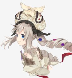 Rule 34 | 1girl, blue eyes, blue flower, blush, closed mouth, detached sleeves, dress, fate/grand order, fate (series), flower, frilled hat, frills, grey hair, hair flower, hair ornament, hat, long hair, looking at viewer, looking to the side, marie antoinette (fate), marie antoinette (third ascension) (fate), mochii, pink flower, puffy short sleeves, puffy sleeves, purple flower, short sleeves, sidelocks, smile, solo, twintails, very long hair, white dress, white hat