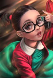 Rule 34 | 1girl, asymmetrical hair, black hair, brown background, candy, cardigan, child, chilindrina, collar, collared dress, commentary, dress, el chavo del 8, el chavo del ocho, english commentary, eyelashes, fingernails, food, freckles, glasses, green dress, highres, holding, holding candy, holding food, holding lollipop, islifer, lips, lollipop, looking at viewer, missing tooth, nose, open cardigan, open clothes, pink eyes, red cardigan, short hair, short twintails, solo, twintails, upper body, watermark, web address, white collar