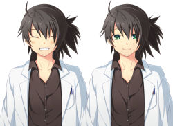 Rule 34 | 00s, 1boy, ^ ^, ahoge, ayamisiro, black hair, closed eyes, contemporary, dual persona, expressions, facial hair, goatee stubble, green eyes, grin, lab coat, male focus, messy hair, official alternate costume, ponytail, raven (tales), smile, solo, stubble, tales of (series), tales of vesperia, white background
