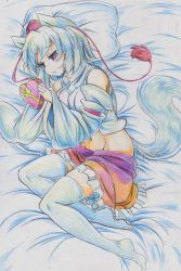 Rule 34 | 1girl, absurdres, animal ears, bad id, bad pixiv id, blush, box, colored pencil (medium), detached sleeves, female focus, hat, heart, highres, inubashiri momiji, kitazinger, lying, navel, on side, pillow, red eyes, short hair, solo, tail, thighhighs, tokin hat, touhou, traditional media, white hair, white thighhighs, wolf ears, wolf tail
