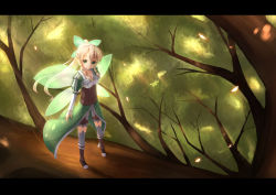 Rule 34 | 10s, 1girl, blonde hair, bow, braid, branch, breasts, cleavage, fairy wings, green eyes, hair between eyes, hair bow, highres, if (asita), leafa, letterboxed, pointy ears, small breasts, solo, sword art online, tatapopo, tree, twin braids, wings