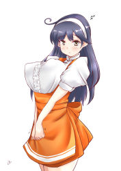 Rule 34 | 1girl, ahoge, anna miller, apron, black hair, breasts, brown eyes, commentary request, cowboy shot, highres, kantai collection, large breasts, long hair, orange apron, orange skirt, puffy sleeves, shirt, short sleeves, simple background, skirt, solo, standing, suspender skirt, suspenders, tokiziku, ushio (kancolle), waist apron, waitress, white background, white shirt