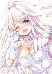 Rule 34 | 1girl, azur lane, blush, breasts, bridal veil, cleavage, commentary request, dress, dutch angle, enterprise (azur lane), enterprise (starlight oath) (azur lane), gloves, heart, heart-shaped pupils, highres, jewelry, large breasts, long hair, necklace, one eye closed, open mouth, outstretched hand, purple eyes, sawa (sawasaku), silver hair, solo, symbol-shaped pupils, tears, veil, wedding dress, white dress, white gloves, wiping tears
