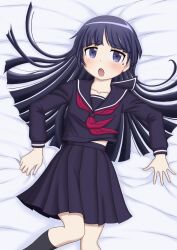 1girl absurdres black_hair black_serafuku commentary_request gokou_ruri highres long_hair lying mole mole_under_eye on_back open_mouth ore_no_imouto_ga_konna_ni_kawaii_wake_ga_nai purple_eyes sakaki_youma school_uniform serafuku