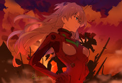 Rule 34 | 1girl, bodysuit, breasts, closed mouth, cowboy shot, eva 02, fiery background, fire, floating hair, green eyes, hands on own hips, highres, long hair, lucidsky, neon genesis evangelion, orange bodysuit, orange hair, pilot suit, plugsuit, red bodysuit, ruins, signature, small breasts, solo, souryuu asuka langley