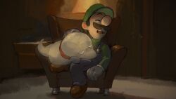 Rule 34 | 1boy, armchair, blue overalls, blue pants, blurry, blurry background, brown footwear, brown hair, chair, closed eyes, commentary request, dog, facial hair, ghost, gloves, green headwear, green shirt, hand up, hat, indoors, lamp, long sleeves, luigi, luigi&#039;s mansion, mario (series), mustache, nintendo, open mouth, overalls, pants, polterpup, rinabee (rinabele0120), shirt, shoes, short hair, sitting, sleeping, sleeping upright, teeth, u u, upper teeth only, white gloves