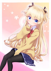 Rule 34 | 1girl, alternate costume, between legs, black pantyhose, black ribbon, blonde hair, blue eyes, blue skirt, bow, brown sweater, collared shirt, commentary request, dutch angle, feet out of frame, girls&#039; frontline, hair ribbon, hand between legs, hand up, harada (sansei rain), highres, long hair, long sleeves, pantyhose, pleated skirt, puffy long sleeves, puffy sleeves, red bow, ribbon, school uniform, shirt, sitting, skirt, sleeves past wrists, solo, super-shorty (girls&#039; frontline), sweater, two side up, very long hair, white shirt