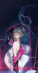 Rule 34 | 1girl, aqua eyes, aqua hair, bare shoulders, black jacket, breasts, building, city, city lights, cityscape, cleavage, crying, crying with eyes open, dress, floating hair, from side, glitch, hair between eyes, hand on own head, hatsune miku, highres, jacket, lights, long hair, long sleeves, looking at viewer, medium breasts, night, night sky, nose, off shoulder, open clothes, open jacket, parted lips, pink jacket, pink ribbon, ribbon, scenery, sidelocks, sky, skyline, skyscraper, sleeveless, sleeveless dress, solo, spaghetti strap, standing, tearing up, tears, ugi 144, vocaloid, white dress, wind