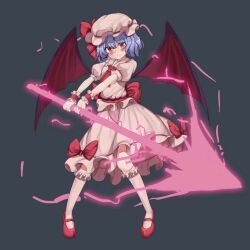 Rule 34 | 1girl, aiza-ku, ascot, back bow, bat wings, blush, bow, closed mouth, collared shirt, dark background, frilled shirt collar, frilled socks, frills, full body, grey background, hat, hat ribbon, head tilt, holding, holding polearm, holding weapon, kneehighs, large bow, looking at viewer, mary janes, medium hair, mob cap, pink hat, pink shirt, pink skirt, polearm, puffy short sleeves, puffy sleeves, purple hair, red ascot, red bow, red eyes, red footwear, red ribbon, remilia scarlet, ribbon, ribbon-trimmed headwear, ribbon trim, shirt, shoes, short sleeves, simple background, skirt, socks, solo, spear the gungnir, touhou, weapon, white socks, wings, wrist cuffs