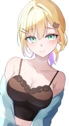 Rule 34 | 1girl, absurdres, atisa87044728, bare shoulders, bear hair ornament, blonde hair, blue jacket, blush, breasts, brown camisole, camisole, cleavage, colored inner hair, crop top, earrings, green eyes, hair intakes, hair ornament, hairclip, highres, hood, jacket, jewelry, kurumi noah, lace-trimmed camisole, lace trim, large breasts, long sleeves, looking at viewer, medium hair, mismatched earrings, multicolored hair, navel, off shoulder, open clothes, open jacket, ponytail, purple hair, simple background, smile, solo, striped clothes, striped jacket, stud earrings, v arms, virtual youtuber, vspo!, white background